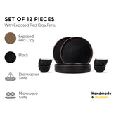 Ceramic Japandi Dinner Set - 12 Pcs, Black | Crockery Set, Ceramic Dinner Set With Matte Finish - Dinner Set Ceramic | 6 Dinner Plates + 6 Veg Small Bowls, 220ml Each